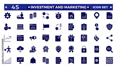 Investment and Marketing solid icons set. Content, search, marketing, e-commerce, SEO, electronic devices, internet, analysis, social, and more line icon.Money income, Pension fund solid icon set. photo