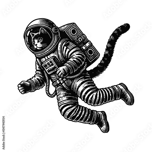 cat astronaut suit engraving black and white outline