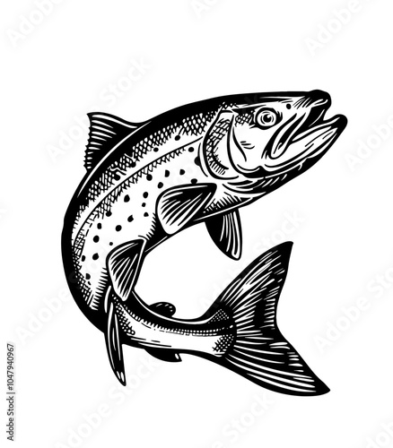 rainbow trout fish engraving black and white outline