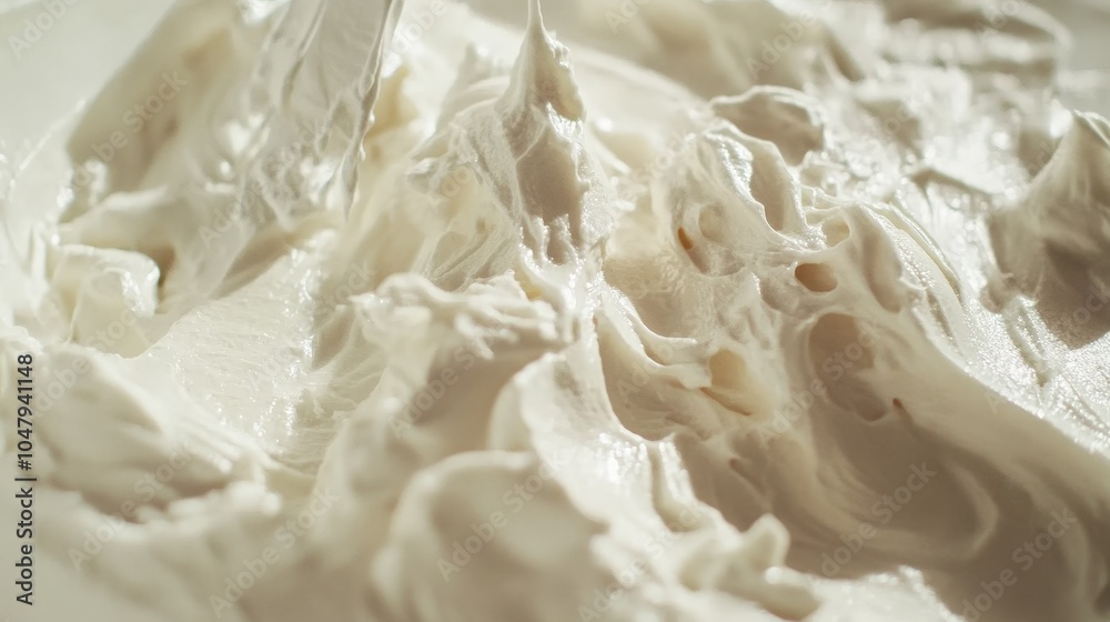 A close-up shot of coconut cream being whipped, emphasizing its texture and fluffiness on a bright white surface A close-up shot of coconut cream being whipped, emphasizing its texture and fluffiness on a bright white surface