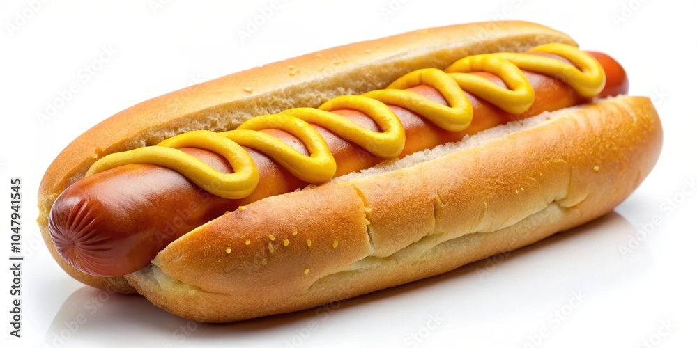 A Single Hot Dog Topped with Mustard and a Soft Bun on a White Background A Single Hot Dog Topped with Mustard and a Soft Bun on a White Background