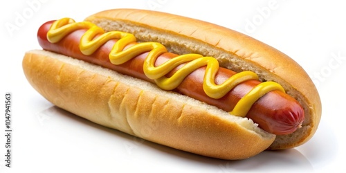 A close-up of a hot dog with mustard in a bun, isolated on a white background