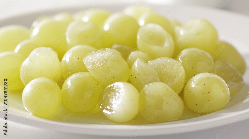 A close-up shot of sliced grapes revealing their juicy interior, presented on a bright white plate for a refreshing snack idea A close-up shot of sliced grapes revealing their juicy interior, presented on a bright white plate for a refreshing snack idea