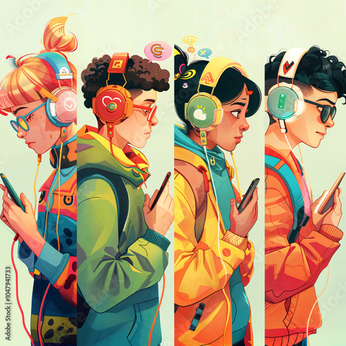 Vibrant Cartoon Gen-Z Characters with Headphones and Smartphones