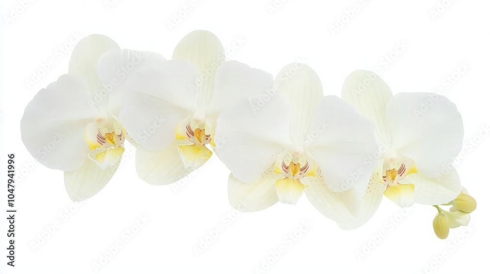 Three white orchids with yellow centers, isolated on a white background. Three white orchids with yellow centers, isolated on a white background.
