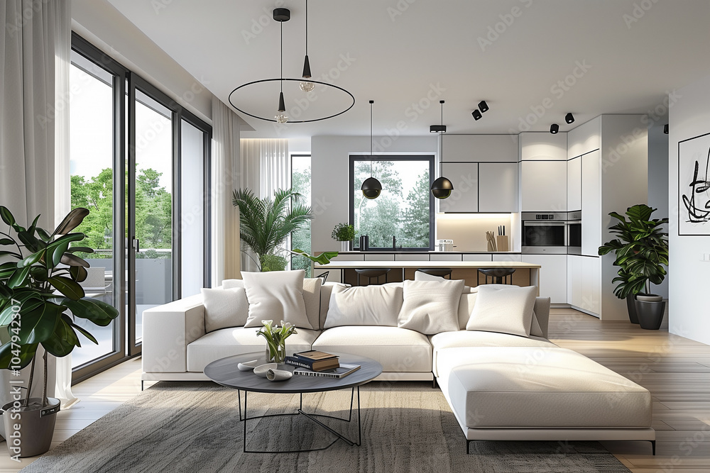 Fototapeta premium Bright, open-plan living room featuring neutral tones, a modern L-shaped sofa, and a seamless transition into the kitchen with a central island.
