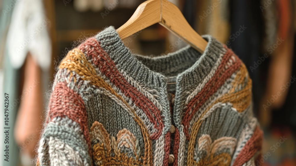 Cozy Handcrafted Knitwear Hanging on a Wooden Hanger Cozy Handcrafted Knitwear Hanging on a Wooden Hanger