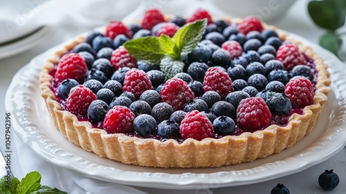 A colorful blueberry tart, beautifully decorated and presented on a bright white plate to highlight its deliciousness