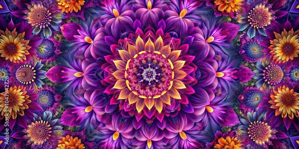 Obraz premium A symphony of vibrant purple, magenta, and yellow blossoms, forming a captivating kaleidoscope of nature's artistry.