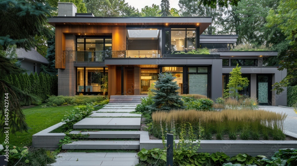 Modern Home with Stone Pathway and Lush Landscaping Modern Home with Stone Pathway and Lush Landscaping