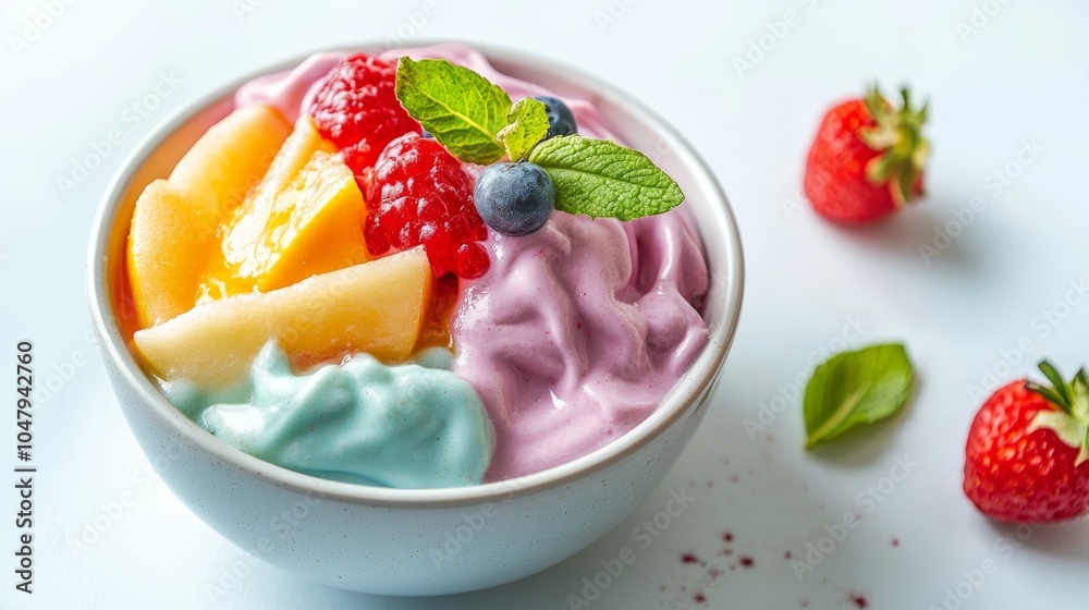 A colorful custard apple dessert served in a bowl, showcasing its creamy texture and garnished with fruit slices, set against a bright white background A colorful custard apple dessert served in a bowl, showcasing its creamy texture and garnished with fruit slices, set against a bright white background