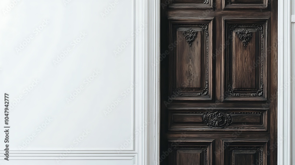A wooden door with intricate carvings against a plain white wall.