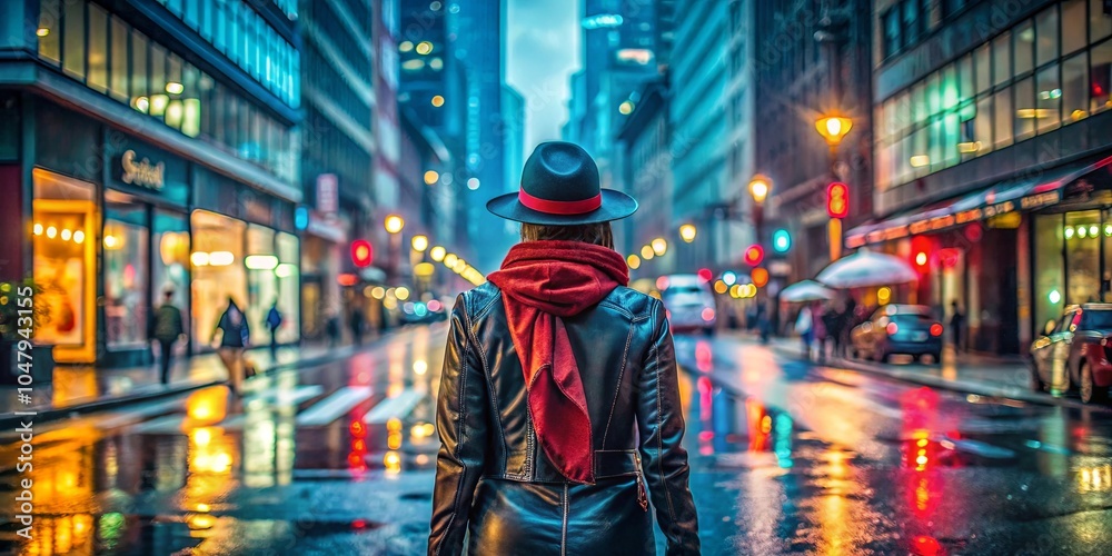 A solitary figure in a black leather jacket and red scarf walks down a city street under the glow of streetlights, the rain reflecting the colors of the urban landscape. A solitary figure in a black leather jacket and red scarf walks down a city street under the glow of streetlights, the rain reflecting the colors of the urban landscape.