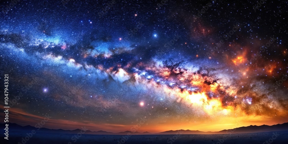 A celestial tapestry woven with stardust and cosmic dust, a vibrant spectacle of the Milky Way galaxy spanning the night sky above a distant horizon. A celestial tapestry woven with stardust and cosmic dust, a vibrant spectacle of the Milky Way galaxy spanning the night sky above a distant horizon.