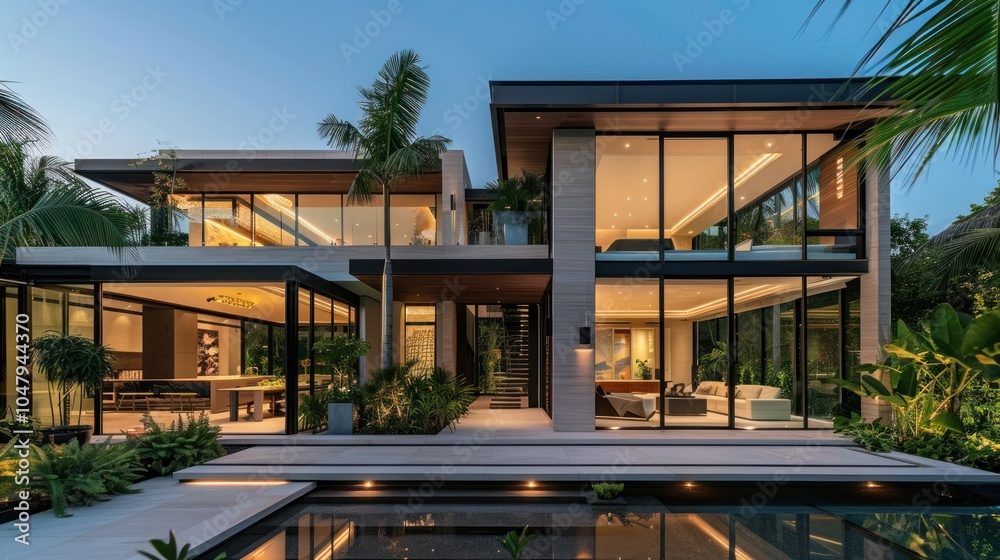 Fototapeta premium Modern Architectural Residence with Illuminated Pool and Tropical Landscaping