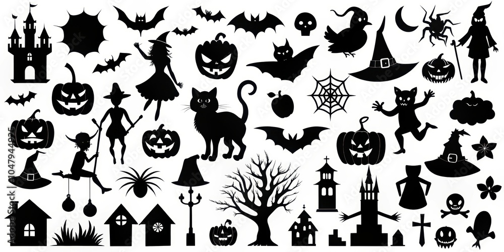 A Collection of Black and White Halloween Silhouettes Featuring Witch, Pumpkin, Cat, Bat, Spider, and More A Collection of Black and White Halloween Silhouettes Featuring Witch, Pumpkin, Cat, Bat, Spider, and More