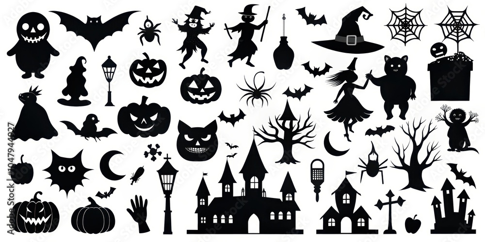 Fototapeta premium A Collection of Black Halloween Silhouettes Ghouls, Goblins, Witches, Pumpkins, Bats, Spiders, Castles, and More