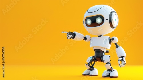 Futuristic cute robot pointing towards copy space on yellow background,3d rendering,