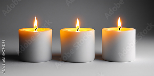 A serene arrangement of three elegant white candles in varying heights, ideal for relaxation-themed products, weddings, and minimalistic decor.