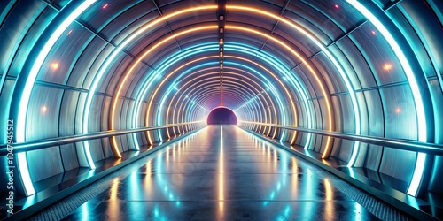 A futuristic tunnel illuminated by vibrant blue and orange neon lights, showcasing an endless path of possibility and an invitation to embrace the unknown.