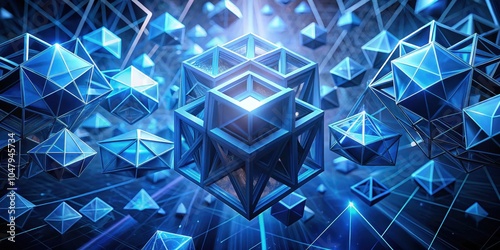 A deep blue geometric abstract with a central complex shape surrounded by geometric forms, all glowing with light and intricate details