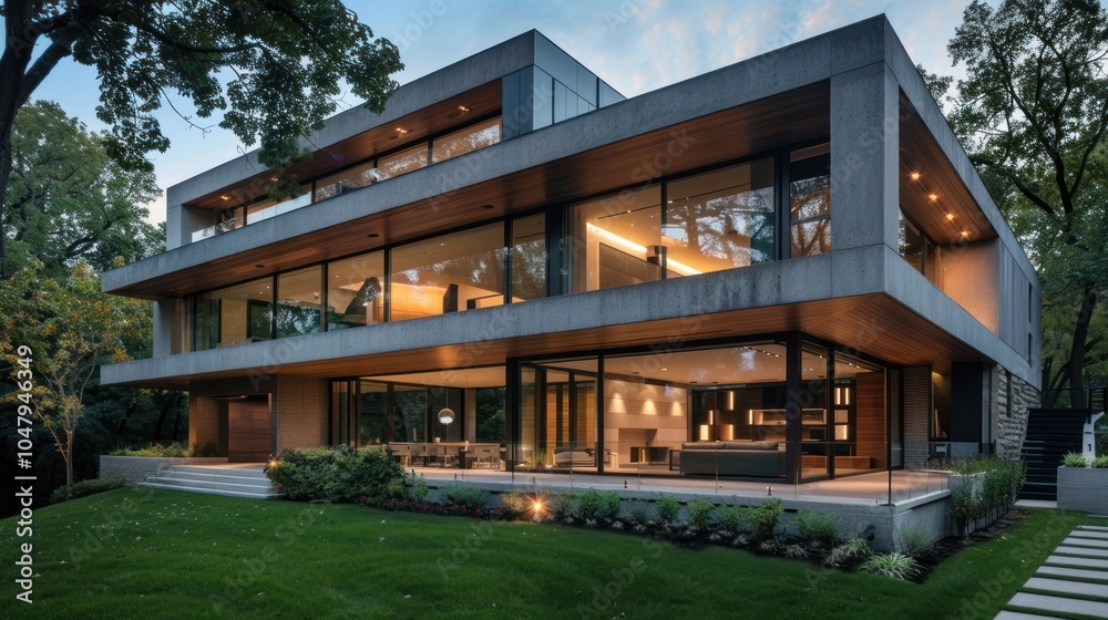 Modern Concrete and Wood House with Large Windows and Lush Landscaping Modern Concrete and Wood House with Large Windows and Lush Landscaping