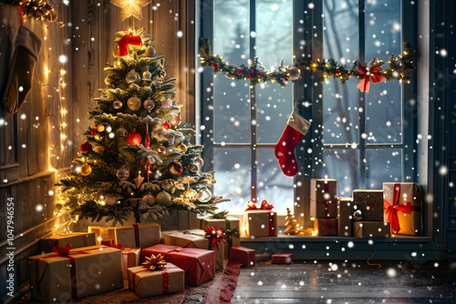 Festive Christmas room with decorated tree, twinkling lights, and presents by snowy window