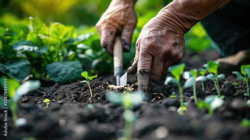 Close-up of Wrinkled Hands Planting Seeds in Rich Soil Close-up of Wrinkled Hands Planting Seeds in Rich Soil