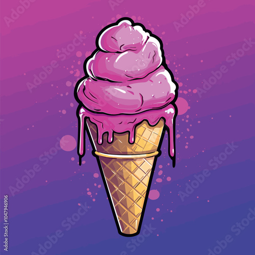 a pink ice cream has a thin top that has purple icing in it