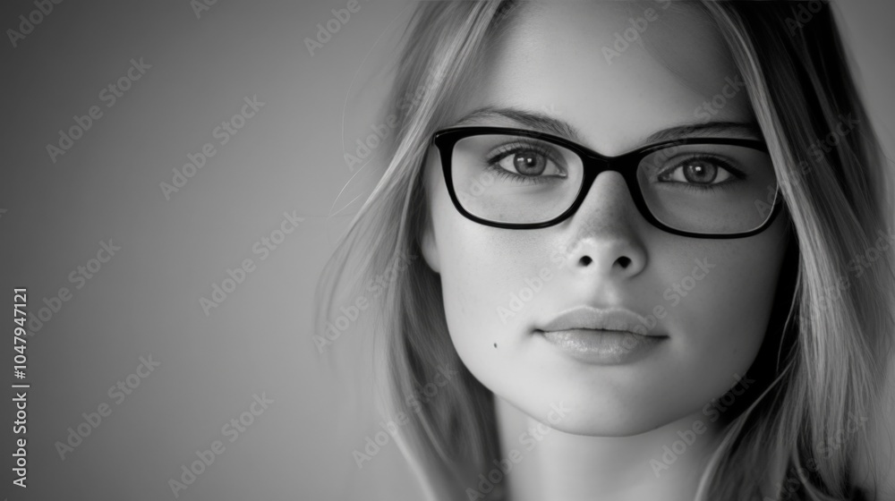 Young Woman with Glasses in Black and White Portrait Young Woman with Glasses in Black and White Portrait