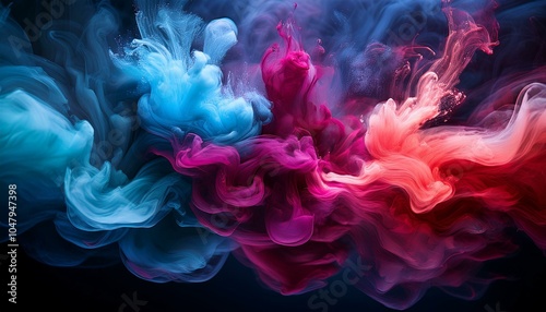 vibrant explosion of colorful smoke, showcasing blend of Burgundy, Pistachio, and Glacier Blue hues. background smoke, background abstract or abstract colorful background