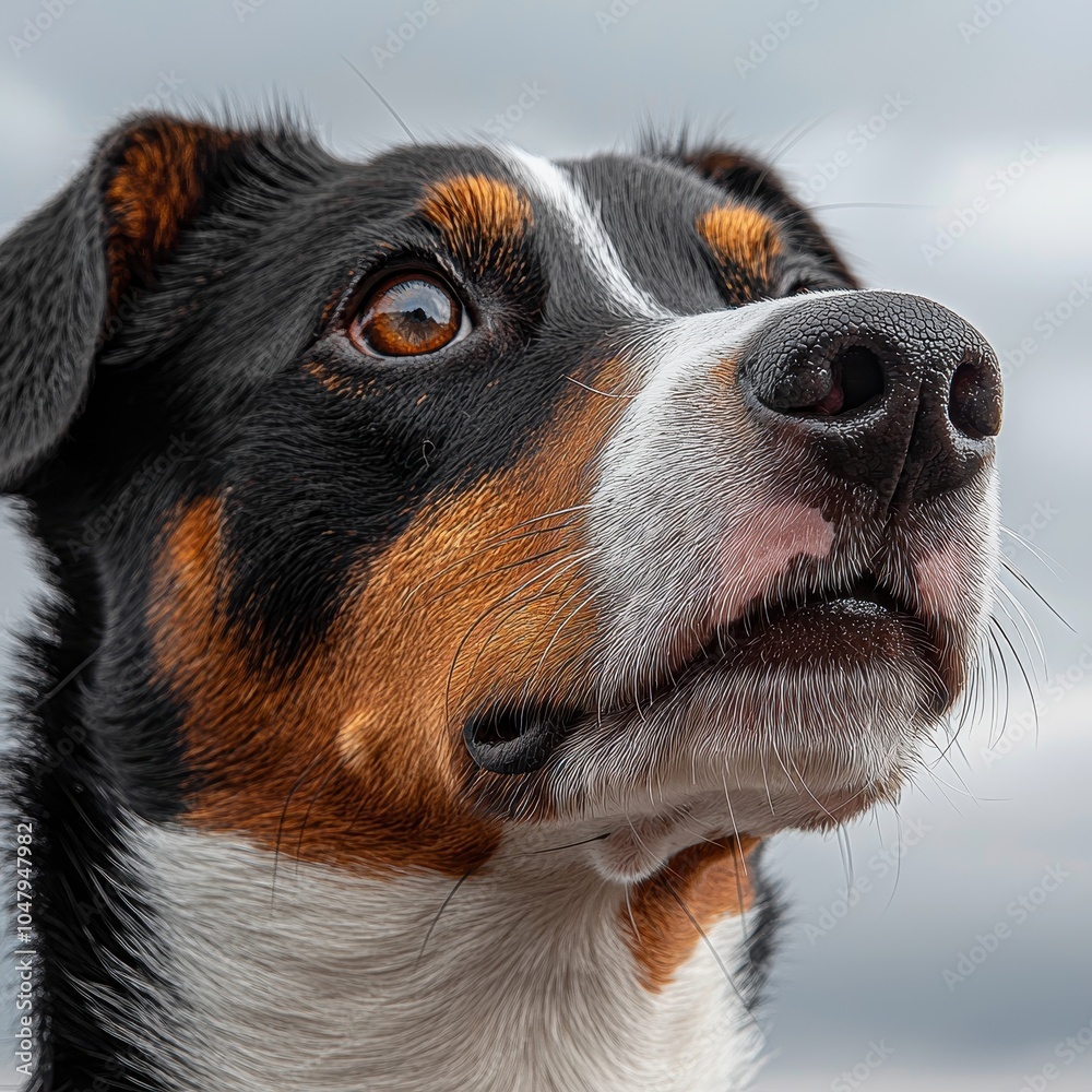 A close-up of a black and tan dog, showcasing its inquisitive expression against a cloudy sky backdrop. A close-up of a black and tan dog, showcasing its inquisitive expression against a cloudy sky backdrop.