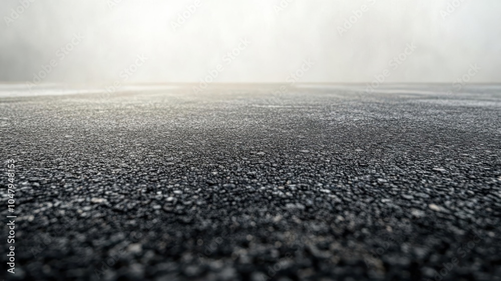 A close-up view of a textured asphalt road surface under a misty atmosphere. A close-up view of a textured asphalt road surface under a misty atmosphere.