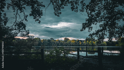 reflection of trees in the lake at dusk