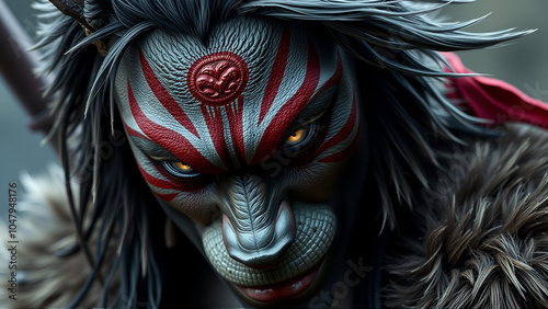 A warrior with a fierce animallike appearance his face painted with red markings and his eyes shining with determination. photo