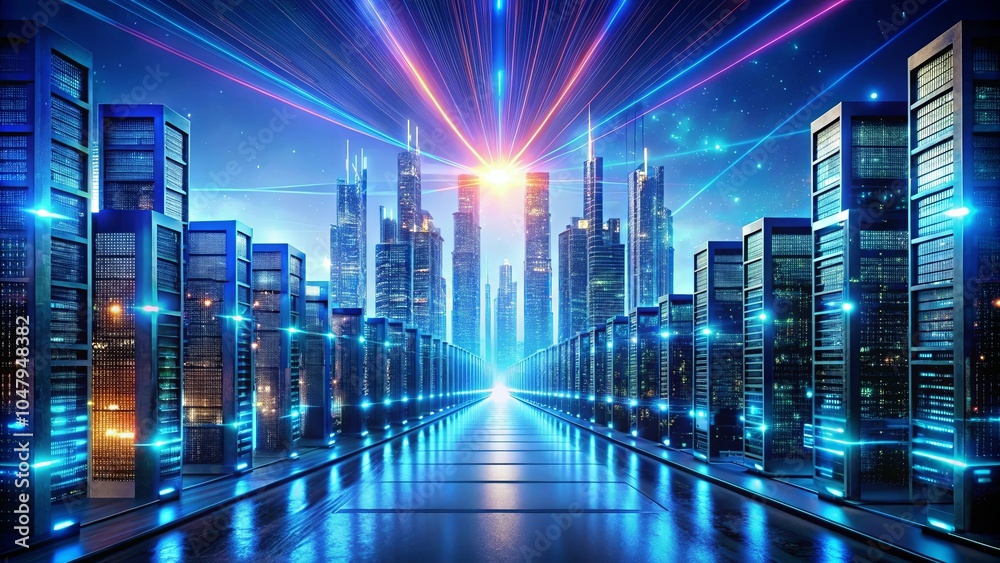 Obraz premium A Futuristic Skyline of Data Centers with Illuminated Pathways and Neon Lights, Creating a Vibrant Digital Cityscape