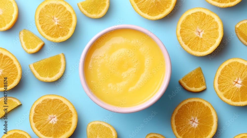 Fototapeta premium Fresh Orange Juice with Sliced Oranges on Blue Background