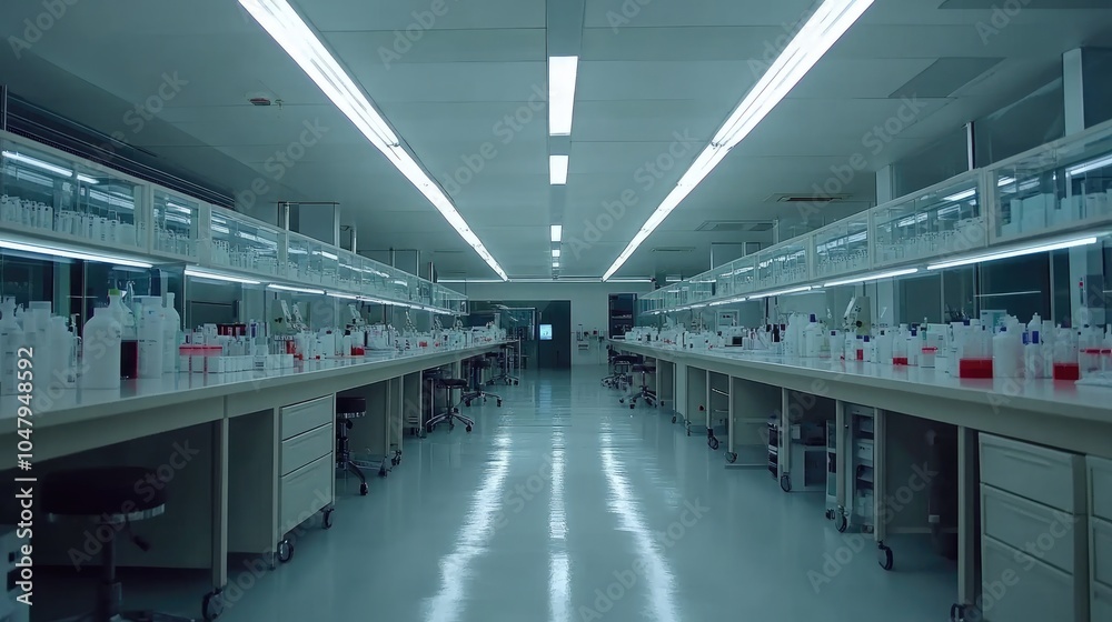 Modern Laboratory Interior with Chemical Bottles Modern Laboratory Interior with Chemical Bottles