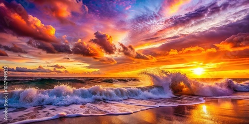Fiery Sunset Hues Reflecting on the Wet Sand as a Crashing Wave Creates a Moment of Tranquility