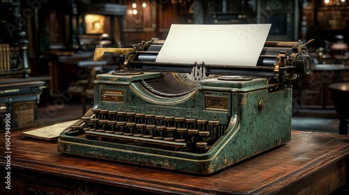 Vintage Green Typewriter on Wooden Desk Old Writing Machine Antique Office Equipment