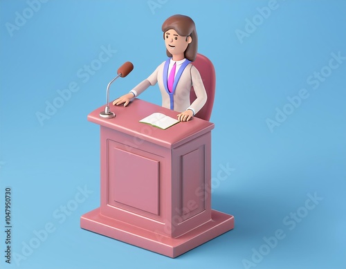 3D woman speaking into a microphone at a podium