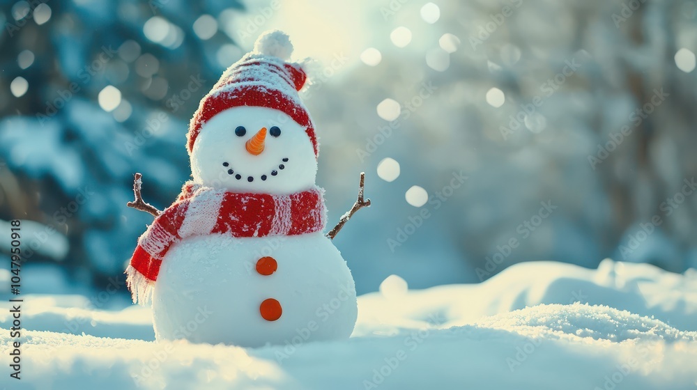 Fototapeta premium Cheerful Snowman in Christmas Landscape