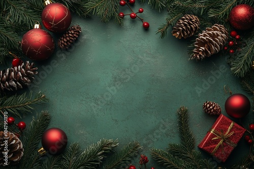 Christmas background with red Christmas ornaments, gifts, and fir branches on a green color background. 