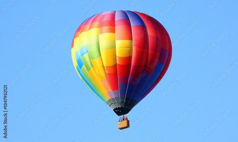 Fototapeta premium A colorful hot air balloon soaring in a clear blue sky, symbolizing adventure and leisure.