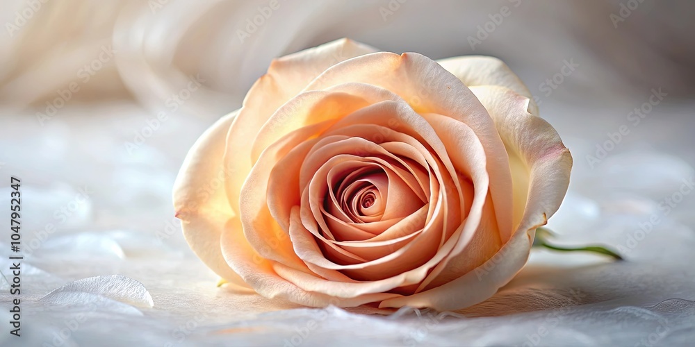 A solitary peach rose, delicate and elegant, rests upon a smooth, silken surface, illuminated by soft, natural light. A solitary peach rose, delicate and elegant, rests upon a smooth, silken surface, illuminated by soft, natural light.