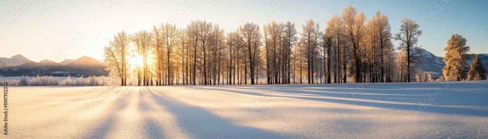 Frosty morning with a snowcovered field, golden sunlight breaking through the trees Frosty morning with a snowcovered field, golden sunlight breaking through the trees