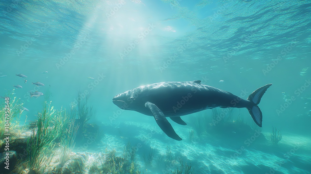 Whale swimming underwater, serene ocean scene Whale swimming underwater, serene ocean scene