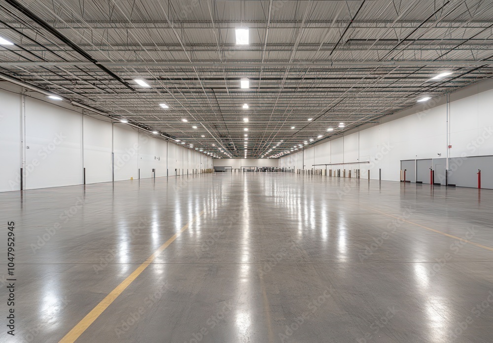 Spacious Empty Warehouse Interior With Industrial Lighting Spacious Empty Warehouse Interior With Industrial Lighting