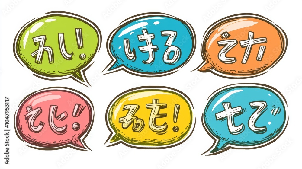 Colorful Hand Drawn Japanese Speech Bubbles with Hiragana Characters Colorful Hand Drawn Japanese Speech Bubbles with Hiragana Characters