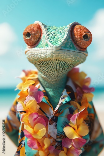 Chameleon wearing a lei and Hawaiian shirt, bright beach backdrop, closeup, relaxed and colorful scene